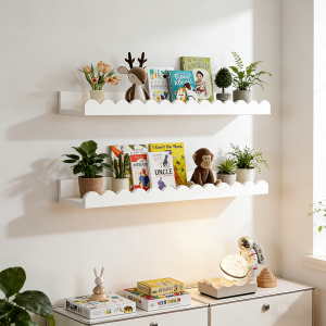 1PC White Wave Edge PVC Floating Wall Shelves Punch Mounted Storage Rack with Guardrail for Kids Room Bedroom Home Decor
