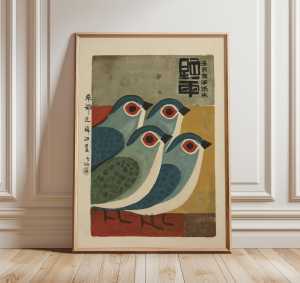 Japanese Abstract Birds Art Canvas Print Frameless Retro Blue Bird Poster Minimalist Animal Illustration for Vintage Wall Decor