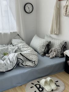 Creative Blue Polka Dot Butterfly Knot Washed Cotton Four-Piece Set Soft Skin-Friendly Bedding Set Korean Style Youth Female
