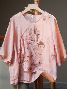 Summer New Womens Embroidered Flax Shirt Loose Short Sleeve Slimming Chinese Artistic Retro Top Comfortable Breathable T-shirt