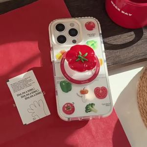 Korean Vegetable 3D Cartoon Tomato Bracket Magnetic Phone Case For iPhone 16 15 14 13 12 Pro Max Transparent Shockproof Cover