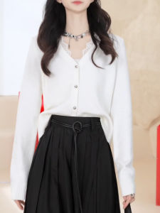 QINGNAER | French Elegant White V-neck Lace Knit Cardigan