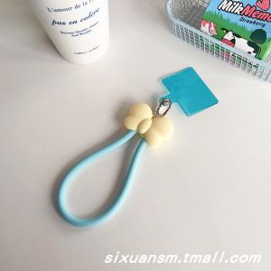 Daily South Korea Ins Style Pure Color Three-Dimensional Bows Young Adult Heart Clip Mobile Phone Lanyard Creative Drop-Resistant Silicone Wrist Band Hang Rope Applicable to All Phone Case Gasket Cards Pendants for Women