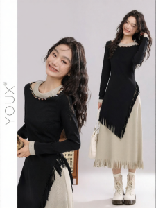 YOUXIANG | Đầm Cắt Góc Phối Ren Lông Đuôi