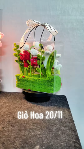 Giỏ Hoa Ly Kẽm Nhung Handmade Trong Suốt 20/10 20/11 Kèm Tag Mừng Thỏ Handmade