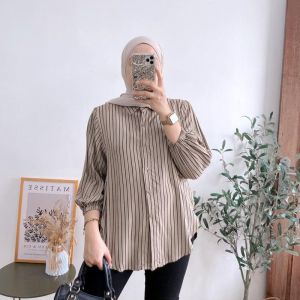 KEMEJA OVERSIZE WANITA RAYON SALUR PREMIUM KERAH KEMEJA TANGAN KARET 7/8 - Kemeja daily wanita motif salur