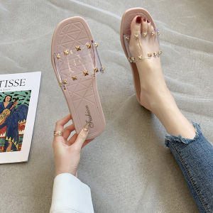 Casual Womens Sandals Flat Bottom One-Strap Beach Walking Water-Resistant Crystal Buckle Versatile Summer Slippers Sweet Style