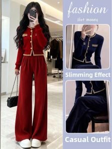 NUANPING | Youthful Red Knit Sweater and Velvet Wide Leg Pants Set