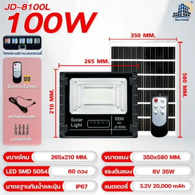 แบรนด์ JD ของแท้100% ไฟโซล่าเซลล์JDแท้ สปอร์ตไลท์ Solar LED โซล่าเซลล์ JD-L เปลือกอลูมิเนียมอัพเกรดใหม่ รับประกันถึง 3 ปีเต็ม 45W 65W 120W 200W 300W 650W 1000W 2000W