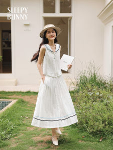 Navy Collar Sleeveless Top and A-Line Pleated Skirt Slim Fit Summer Thin