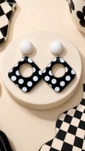 [SG] Monochrome Diamond Polka Dot Drop Earrings | Black & White Geometric Earrings | Retro Inspired Earrings | Bold Everyday Fashion | ear me out (EMO-354)