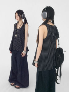 Innomoood Striped Star Low Contrast Black Grey Vest Hooded Large Collar Slimming Versatile Top Dress Cotton Blend Womens Wear