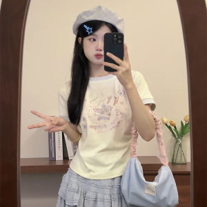 Áo Thun Nữ Tay Ngắn Cổ Tròn in Họa Tiết Hoạt Hình Mùa Hè Mới Vừa Vặn Eo Thon Gọn Áo Thun Cotton Co Giãn Thoải Mái