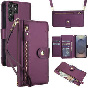 Card Case For Samsung With strap lanyard Mobile Phone Shell With Cards Holder Coin Purse Case Card Slot Cases Casing For Samsung Galaxy S25 Ultra S24 Plus S23 Ultra S22 Plus S21 Ultra S24 S25 FE S25edge Flip Leather Cover With Wallet Bag