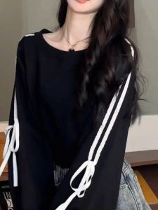 Plus Size Bow Casual Retro Long Sleeves Sweatshirt Female 2024 New Arrival Fall Chubby Girl Flab Hiding Slimming Stripes Tops