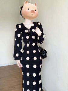Elegant Ladylike Polka Dot V-Neck Long Dress French Style Lantern Sleeve Dress Autumn Fashionable Womens Bodycon Dress