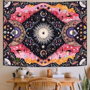VIKAMA Sun Moon Floral Star Tapestry Wall Hanging for Living Room Bedroom Yoga Meditation Room Wall Art Mystic Boho Decor