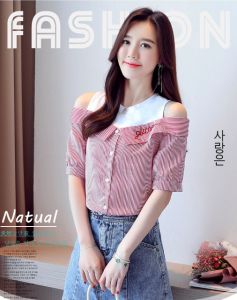 Fashion Off-the-shoulder Fake Two-piece Blouse for Women Summer 2025 New Striped Vest Short Sleeve Casual Letter Embroidered Top