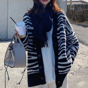 Womens Long Sleeve V-Neck Knitted Sweater Coat Mink Velvet Loose Fit Medium Length Autumn Winter Fashion Soft Striped Open Cardigan