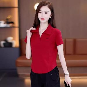 เสื้อยืดคอโปโลแขนสั้นผ้าฝ้ายแท้สีเทาหรูหรา ทรงสลิมฟิต สำหรับผู้หญิง ฤดูร้อน 2025 เสื้อผ้าทำงานสไตล์เกาหลี ทรงเข้ารูป