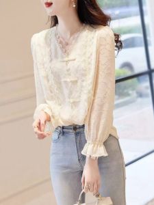 เสื้อเชิ้ตผ้าชีฟองแขนพองคอวีผู้หญิง ทรงหลวม แขนยาว ระบายอากาศได้ดี ปกโปโล ปุ่ม ลายดอกไม้ ฤดูใบไม้ผลิและฤดูใบไม้ร่วง