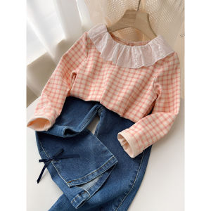 Cute Plaid Cotton Long Sleeve T-Shirt for Girls Doll Collar Base Shirt Spring Autumn Style Childrens Clothing Straight Cut Fit