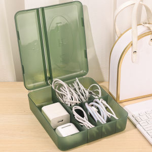 Double Opening Lid Data Cable Storage Box with 7 Compartments Desktop Charging Power Cable Organizer