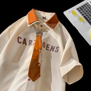 PAZHAOLANG | Plus Size 300lbs Color Block Turn-down Collar Faux Layered Summer Shirt