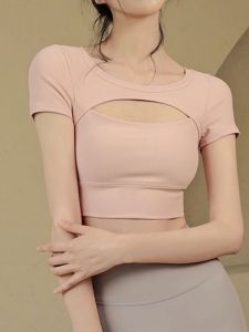 เสื้อยืดโยคะสำหรับผู้หญิง แห้งเร็ว ระบายอากาศได้ดี ทรงสลิมฟิต แขนสั้น คอวี ทรงพอดีตัว สำหรับออกกำลังกาย โยคะ พิลาทิส