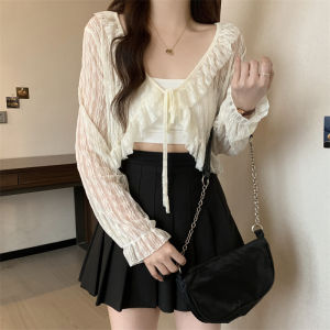 Large Size Womens Flower Embroidery Sleeveless Cardigan Thin Long Sleeve Shawl Outerwear Air Conditioning Chiffon Top
