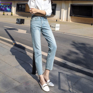 High Waist Straight Leg Denim Jeans Womens Nine Points Slimming Hong Kong Style Retro Lake Water Blue Short Size Jeans