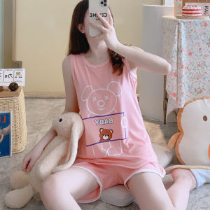 ชุดนอนแขนกุดผ้าไหมนมลายการ์ตูนฤดูร้อนสำหรับผู้หญิง ชุดนอนลำลอง ชุดนอนผู้หญิง ชุดนอนแขนกุด ชุดนอนผ้าฝ้ายบาง ชุดนอนผู้หญิง