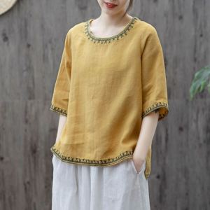 Retro Cotton Linen Loose Short Sleeve Embroidered round Neck T-Shirt Summer Korean Style Large Size Top Womens Fashion