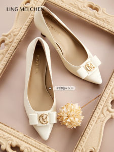 รองเท้าส้นสูงหัวแหลมผูกโบว์ผีเสื้อ LINGMEICHEN หนังแท้สีขาว รองเท้าส้นเดี่ยวแบบเปิดหัวสำหรับผู้หญิง รองเท้าแฟชั่นสุดเก๋