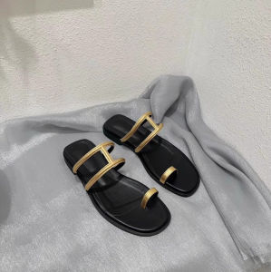 Handmade Shoes Finger Clip H Slippers Female Square Toe Flat Beach Sandal Korean Style Low Heel Beach Sandals Minimalist Toe Covering Womens Slippers