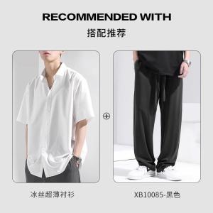 เสื้อเชิ้ตผู้ชายแขนสั้นผ้าไหมน้ำแข็งทรงหลวมสบายๆ ทรงหลวม แขนสั้น ทรงหลวม แขนสั้น แฟชั่นฤดูร้อน ระบายอากาศได้ดี ไม่มีแบรนด์