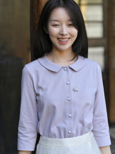 Retro Elegant Knitted Embroidered Collar Straight Front Buttoned Cotton Polyester Blend Womens Shirt Pure Color Breathable