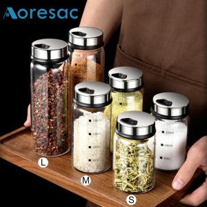 Glass Seasoning Jar With Scale 4 Outlets Spice jars Kitchen Chili Pepper Powder Sprinkling Jar Barbecue Salt Shaker Container
