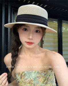 Elegant Flat-Topped Straw Hat Womens Fashionable Sunscreen Hat Butterfly Knot Wide Brim Basket Weave Paper Straw Hat