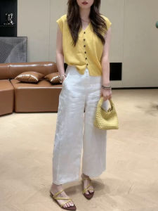 Shalldoer | Fashionable Womens Two-Piece Set V-Neck Short Sleeve Knitwear High Waist Wide Leg Pants Pure Color Simple Design Summer New Arrival