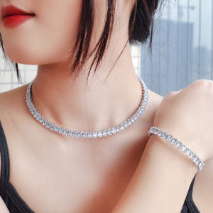 SEQUITO Luxury Yellow Gold Plated Ladies Jewelry Pave Setting AAA Baguette Cut Noble Anniversary Adjustable Open Cuff Bangle Necklace Set SJ396