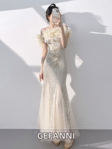 Champagne Elegant Luxury Mermaid One Shoulder Evening Dress