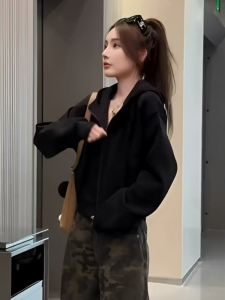 SUSHOUWANGE | Black Short Fit Womens Sweatshirt Outerwear Fall New Style Chic