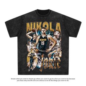 Jokic Playoffs Short Sleeve Loose Fit Pure Cotton Washed Sport T-Shirt Retro American Basketball Mens Direct Print round Neck