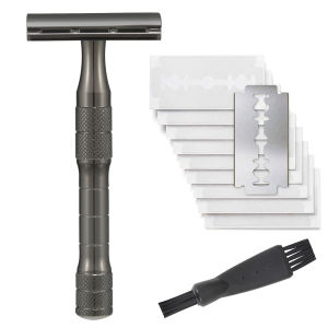 มีดโกนความปลอดภัยแบบใช้ซ้ําได้ มีดโกนใบมีดเดี่ยวสําหรับผู้ชาย พร้อมใบมีดโกนสองขอบเคลือบแพลทินัม 10 ใบ มีดโกน DE ที่เป็นมิตรสําหรับผู้เริ่มต้น