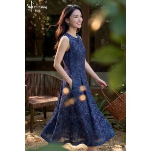 Misoshine | Summer Lightweight Tencel Cooling Blue Floral Sleeveless Dress