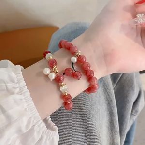 J&C Shiny Natural Strawberry Pink Crystal Natural Freshwater Pearls Opal Bracelet HB1437 / HB1438