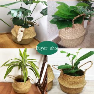 *Free Base* Handmade Bamboo Storage Baskets Foldable Laundry Straw Patchwork Wicker Rattan Seagrass Belly Garden Flower Pot Planter Plants