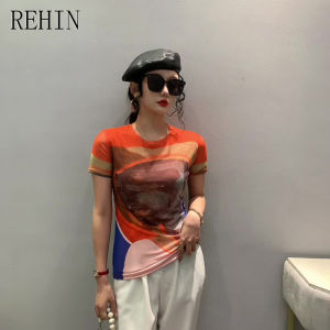 REHIN Áo Thun Nữ Tay Áo Mới Thời Trang Hè Hoa Lưới Áo Cánh Mỏng Mỏng Cổ Tròn Xu Hướng Thanh Lịch Ngắn In Hoa