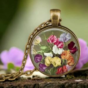 Vintage Antique Gold Plated Colorful Sweet Pea Flower Glass Pendant Necklace For Women Jewelry